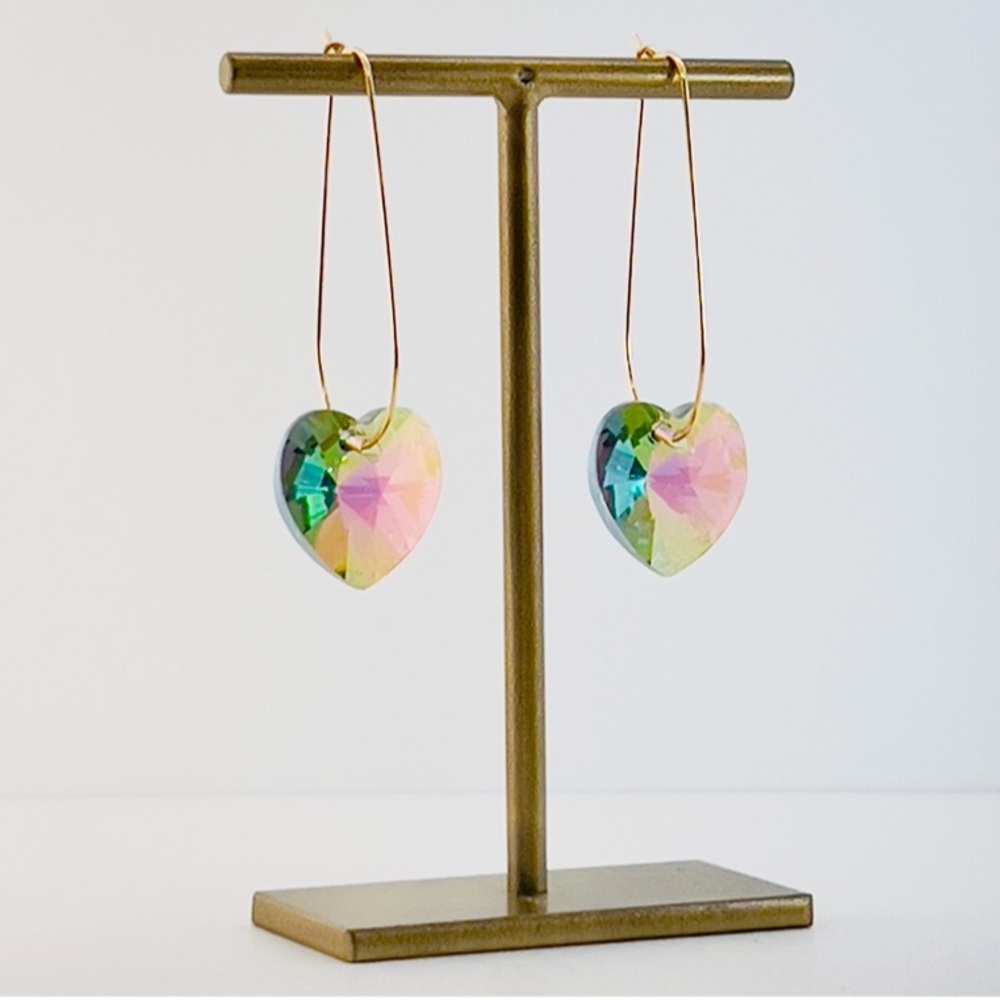 Rainbow Love Heart Earrings by Melle Gem | Gold Hoops | Crystal Heart | $38.00
